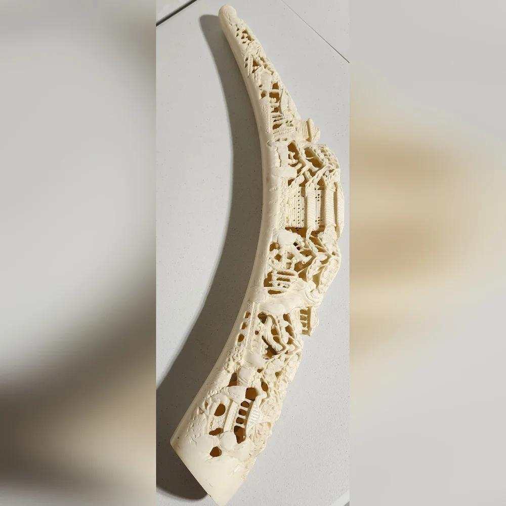 Vintage 31" Chinese Faux Ivory Carved Tusk Landscape Pagodas Mid-Century - Picture 15 of 16